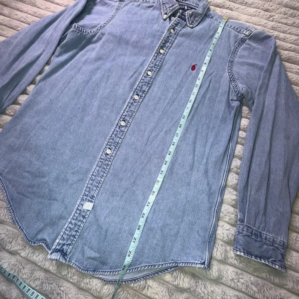 Vintage 90's Ralph Lauren Polo Shirt Men's Medium Blue Denim Button Up Red Pony